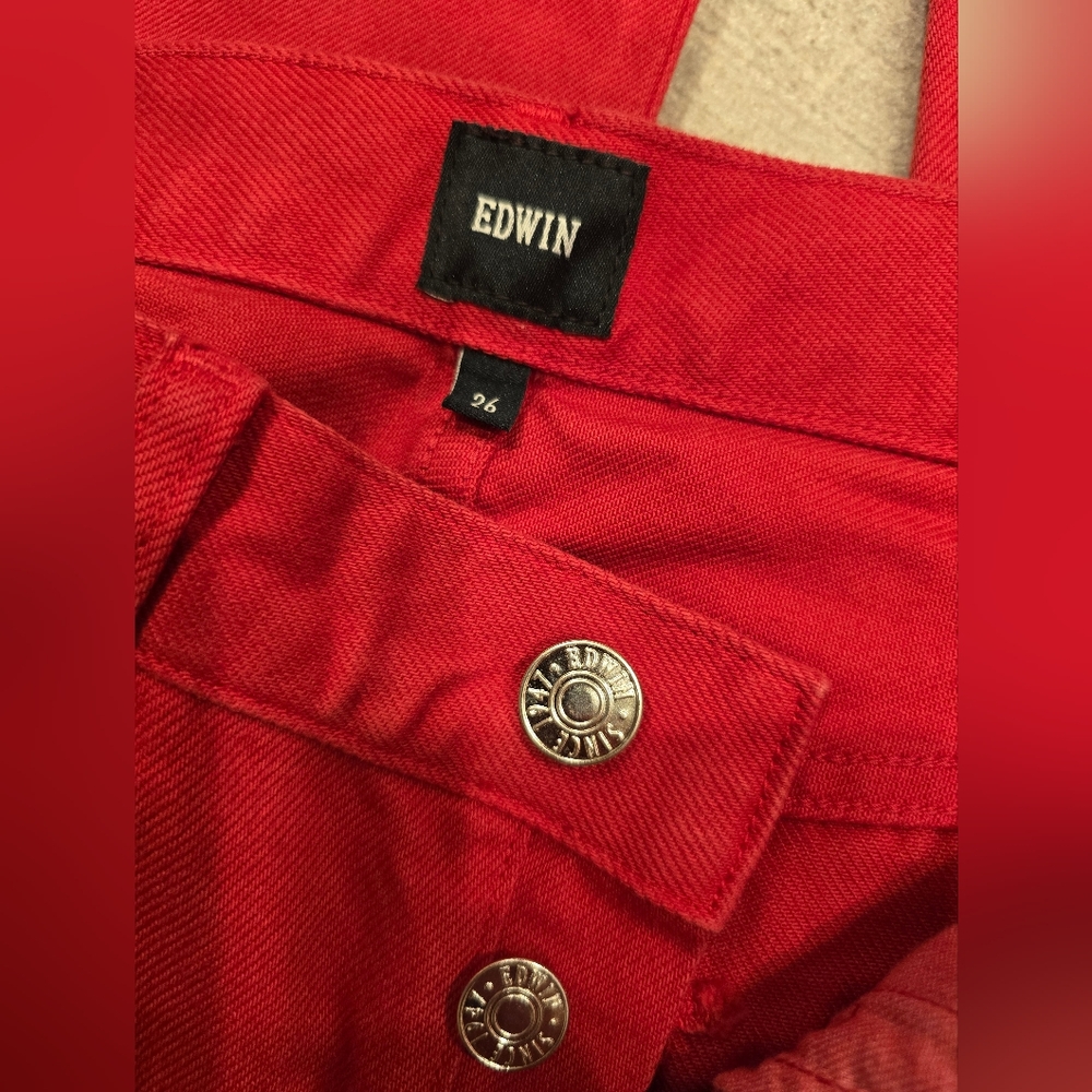 NWT Edwin Cai Classic Straight Jeans in Scarlet Red 26 $188 Anthropologie
